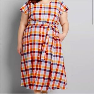 Lane Bryant Plaid Button Front Linen Blend Dress Size 16